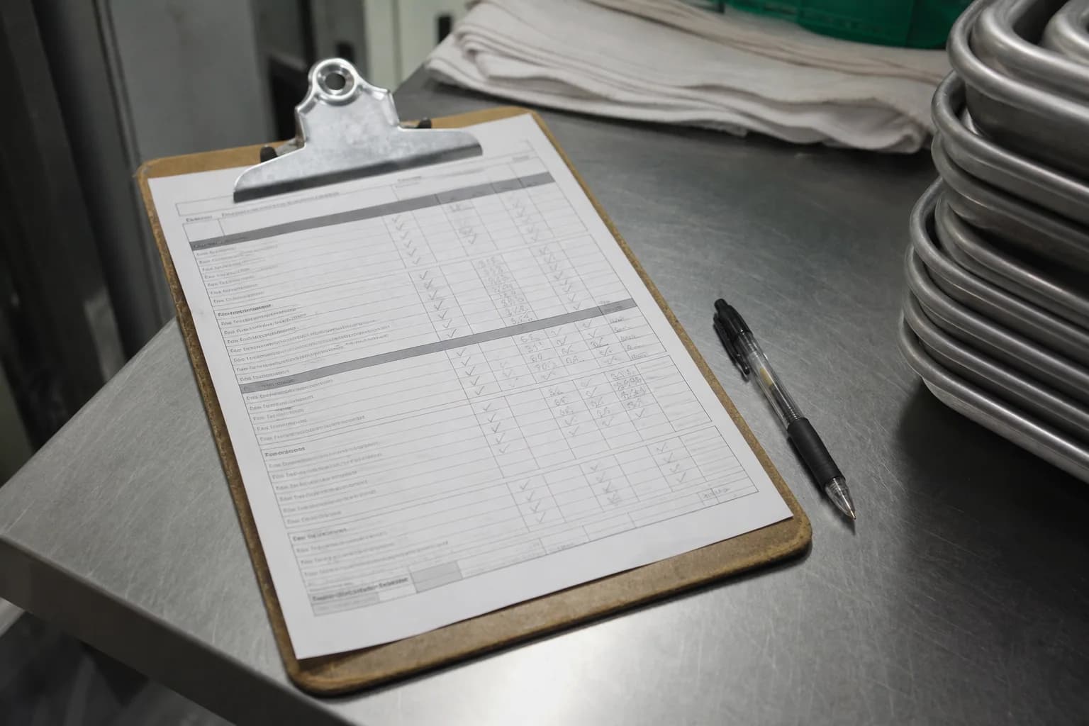A worn paper temperature log on a clipboard in a commercial kitchen
